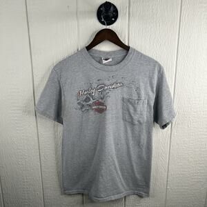 Y2K Steel City Harley Davidson Skull & Flames Grey Pocket Tee Size Medium